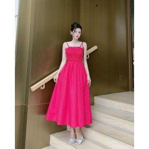 Đầm thời trang nữ mặc đi chơi 2dây chạy chỉ thun nhún cột dây lưng váy xoè dáng dài chất vải LỤA 100D