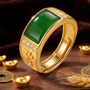 Vintage light luxury mens ring with engraved characters oil-drip inlay and rhinestones featuring a Chinese-style elegance suitable for business and daily wear with embossed side design