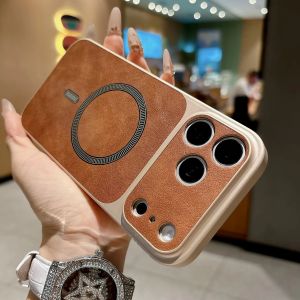 Business Cowhide Leather Magnetic For Magsafe Case For iPhone 17 16 15 14 13 Pro Max Camera Protection Shockproof Matte Cover