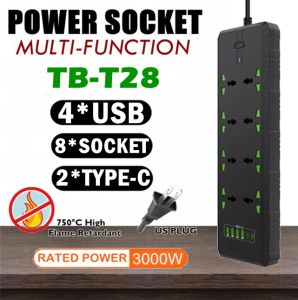 TB-T28 8 Universal Socket 2 PD 4 USB Port Outlet Charger Heavy Duty Power Strip Extension with Switch