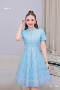 Kety Smile เดรสผ้าทอคอปีน แต่งกระดุมหน้า กระโปรงบาน8ชิ้น งานอัดกาวทั้งชุด ทุกชิ้น ซิปซ่อนด้านหลัง (S-5XL) N809