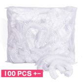 (100 PCS +-) Disposable Waterproof Shower Cap Plastic Hair Bath Cover Transparent Water Resistance Elastic Sauna Kitchen