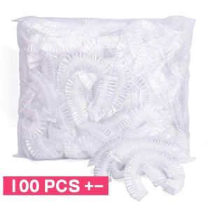 (100 PCS +-) Disposable Waterproof Shower Cap Plastic Hair Bath Cover Transparent Water Resistance Elastic Sauna Kitchen