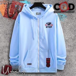Jaket Zipper Pria Distro Uncle.Clothing Warna Putih Sablon Stop - Sweater Resleting - Baru 2024 - Murah Keren - Jaket Kekinian -Bisa Cod
