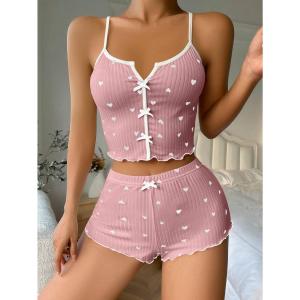UINSMALL #C091 COD Heart Print Ribbed Frill Trim Pajama Set Cute Bow Notched Neck Cross Strappy Backless Crop Cami Top & Elastic Shorts Womens Sleepwear