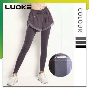 LUOKE Women's Fake Two-piece Pocket Running Fitness Pants - Elastic Tight-fitting Thin and Quick-drying Yoga Pants - Size S-XL