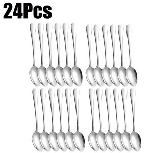 12/24Pcs Thickened Stainless Steel Korean Spoon Round Head Large Spoon Soup Spoon Restaurant Dinner Spoons Rice Dessert Spoon Kitchen Flatware