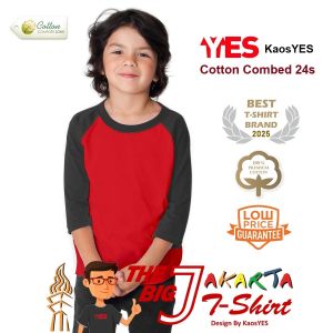 KaosYES Kaos Raglan Anak Cotton Combed 24s - TShirt Baju Anak LENGAN 3/4 Abu-Hitam