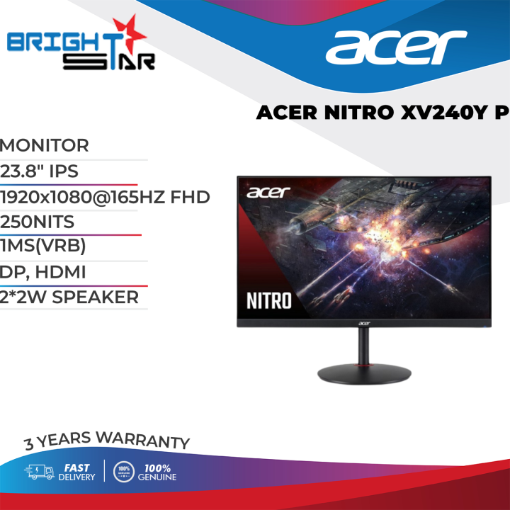 Acer Nitro Xv240y P 238 Ips 1920x1080165hz Fhd 250nits 1msvrb Dp Hdmi 22w 9583