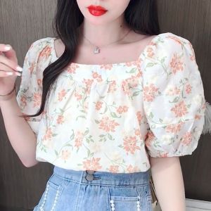 Yesfashion Store IN stockWomen Embroidered Floral Chiffon Shirt Summer Sweet Fashionable Short Sleeve Square Neck Puff Sleeve Pullover Work Blouses Tops