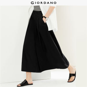 GIORDANO Women Pants Elastic Waist Crop Palazzo Pants Slant Pockets Solid Color Simple Fashion Casual Pleated Pants 05424326