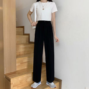 EDM【Delivery in 24hours】Suit Pants for Women High Waist Slimming Elastic Waist Vertical Korean Wide Leg Pants womens trousers Plus Size S-3XL