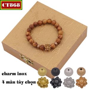 Vòng tay gỗ huyết rồng 8 ly charm hoa sen inox VGHRHSHB8 charm bông sen inox Vòng tay hạt chuỗi vòng tay nam và nữ chuỗi đeo tay vòng chuỗi phong thủy