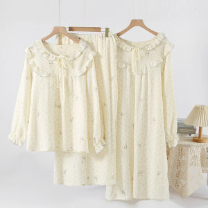 Pajamas womens spring summer and autumn crepe cloth pure cotton small fresh floral sweet home nightdress long set trousers set loungewear
