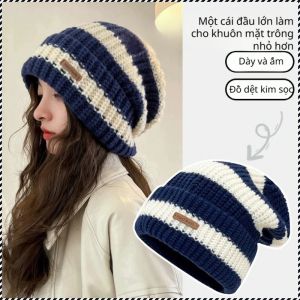 Mũ len giữ ấm mùa đông cho nữ họa tiết sọc dáng rộng chu vi đầu lớn