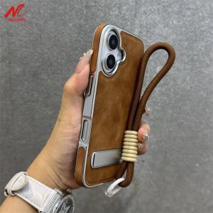 Business Plating Leather Case for iPhone 17 16 15 11 12 13 Pro Max 16 Plus Wrist Strap Hand Chain 17 Air Fold Bracket PC Cover