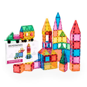 Imagimags Foundation Set (108 Pcs) - Rainbow Magnetic Tiles with 2 Cars STEM Educational Building Blocks Mainan Budak