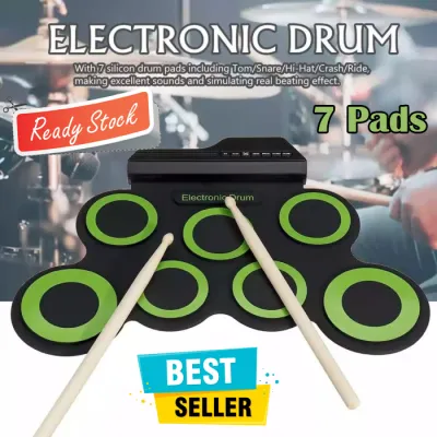 Electronic Digital Drum Kit 7 Pads Roll Up USB Power Dram Anak Anak Portable Portabel Electric Silicone Drum Drumm Alat Latihan Musik Drummer Pemula Dewasa Anak Laki Laki Mainan Hadiah Kado Anak Keren Murah - Hitam Hijau