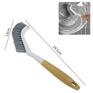 Ergonomic wooden handle cleaning brush with dense bristles for bathroom use.
