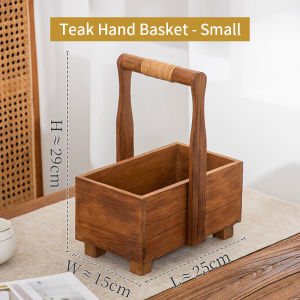 ตะกร้าไม้สักมีหูหิ้ว ใส่ผลไม้ กระเช้าไม้ใส่เครื่องปรุง ถาดไม้ใส่ของ ตะกร้า ขนมปัง วินเทจ