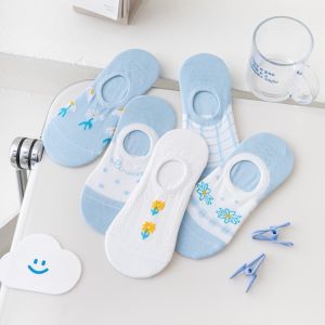 ถุงเท้าข้อสั้น ผ้าฝ้าย ลายดอกไม้น่ารักสีฟ้า สไตล์เกาหลี ไซส์ผู้ใหญ่ (1 เซ็ต 10คู่)