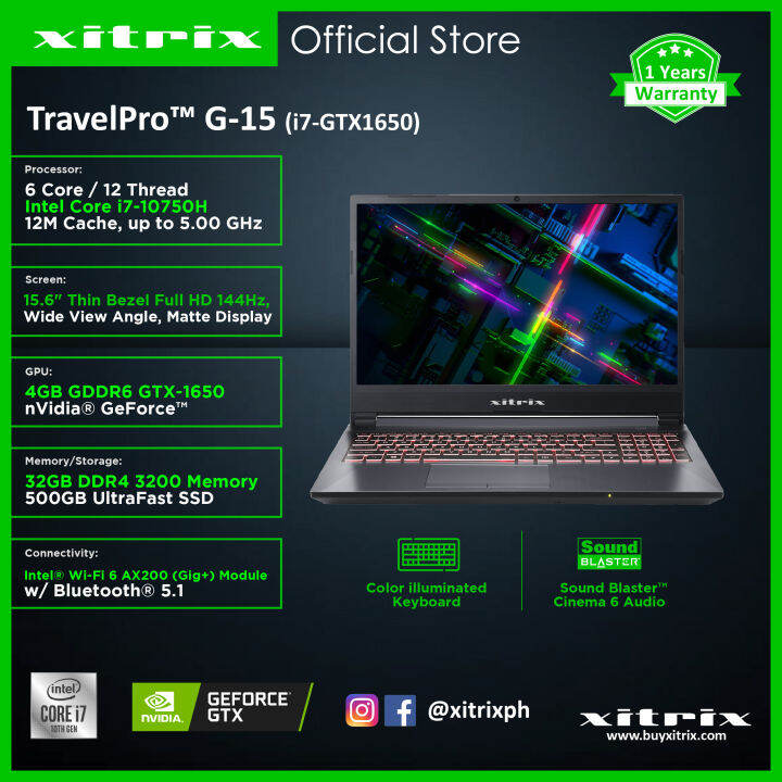 Xitrix TravelPro™ G15 (i7-GTX1650) Gaming Laptop 15.6 FHD 144Hz (6 ...