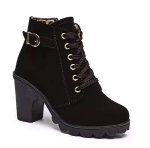 COD Suede Block High Heel Platform Ankle Boots for Women Lace‑Up Side Zipper Metal Buckle Decor Short Martin Booties
