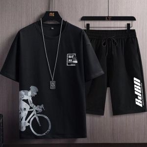 Simple ins Casual summer outfit Harajuku-style five-quarter pants new trendy and artistic design relaxed fit five-quarter sleeves for men