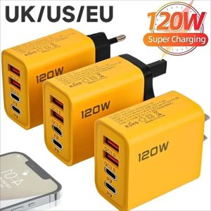 【Pphha】120W Fast Charging 4 Ports Phone Charger QC3.0 USB Type C Charger Dual PD Wall Adapter EU/US/UK Plug for iPhone15 Xiaomi