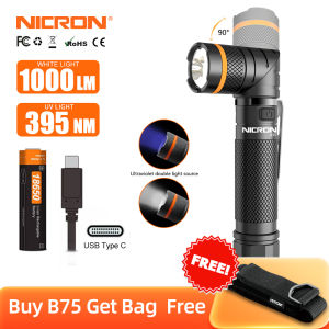 NICRON LED Flashlight 1000lm B75 Torchlight 90 Degree Twist 395nm UV/ White 2-Color Flashlight 18650 UV Torch Light B75