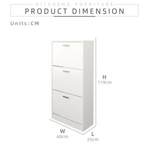 KitchenZ H119cm 3 Layers Wooden Shoe Cabinet Large Storage Capacity 3 Compartment With Door 12mm Thick Board Durable Stable