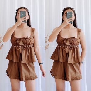 DNEMNLPH Larisa Ruched Self tie Peplum Top & Highwaist Raffled Shorts Set - BKK Linen Bustier Flowy Garter Smocked Summer Freesize