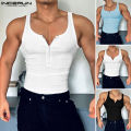 INCERUN Men's Sport Fitness Muscle Knit Vests Stylish O-Neck Half-Zip Design Skinny Tanks (Western Style) #241009. 