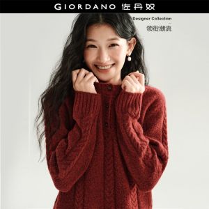 GIORDANO Women Sweaters Half Button Crewneck Cable Knit Sweaters Smooth Soft Fashionable Casual Relaxed Sweaters 18356825