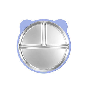 304 Stainless Steel Divided Plate for Kids 3 Compartment Round Toddler Dinner Tray with Silicone Non-Slip Bottom Children Feeding Tableware Easy Wash