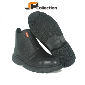 Sepatu safety Elastis tinggi Pria Ujung Besi Pengaman Steel Toe Cap Original Terbaru Standar SNI K3 HSE Keselamatan perusahaan lapangan kulit sapi asli motif kulit jeruk hitam SOL dijahit lem press anti licin anti kropos