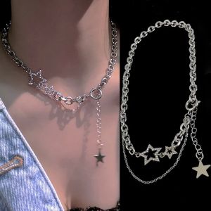 สร้อยคอรูปดาวห้าแฉกสีเงิน Y2K สำหรับผู้หญิงมีพู่ห้อยแบบพังก์สองชั้นสำหรับผู้หญิงสร้อยคอสุดหรู