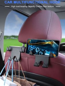 Carbon Fiber Pattern Car Hook Multi functional Car Headrest Hooks Mobile Phone Bracket Seat Back Holder Hanger Hook