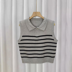 🔥Fran🔥2025 NEW Polo Collar Zipper Striped Knitted Vest Versatile Sleeveless Top Women Color Blocked Vest