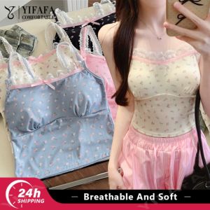 YIFAFA เสื้อมีฟองน้ำชุดชั้นในลูกไม้ลายดอกหวานสายเดี่ยวพิมพ์ลายดอกไม้สวมใส่สบายไม่ระคายเคืองผิวเสื้อแขนกุด