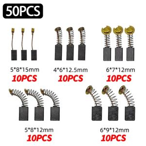 NOBLELYN 50Pcs 5 Models Power Tool Carbon Brushes Heavy-Duty with Metal Base Electric Motor Carbon Brushes Durable Carbon Brush Replacement Kit for Drill Sander Grinder Motor Durable Repair Parts Kit