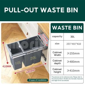 Pull Out Trash Bin 30L/40L Storage Bin With Lid Large Capacity With Damper Kitchen Double Trash Bin