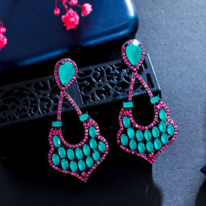 SEQUITO Vintage Antique Black Gold Plated Pave Green Rose Red CZ Stone Creative Women Big Bohemian Dangle Earrings SE534