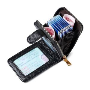 RFID Business Card Holder Genuine Leather Driver License ID Wallet Men And Women Credit Card Purse Zipper Card Holder Large Capacity Wallet