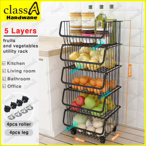 ClassAHW  2-Tier 5-Tier Black Dish Mobile Trolley Kitchen Dining Rack with Roller Rack Rak Beroda Hitam Storan Pinggan