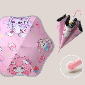 Kids Umbrella Cartoon Pink UV Block Auto Open Long Handle Sun Rain School Travel