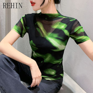 REHIN New stylish half-high collar mesh Camouflage print short sleeve T-shirt slim-fit trendy womens top
