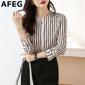 AFEG new Korean version round neck fashion loose all-match striped chiffon long-sleeved blouse for women
