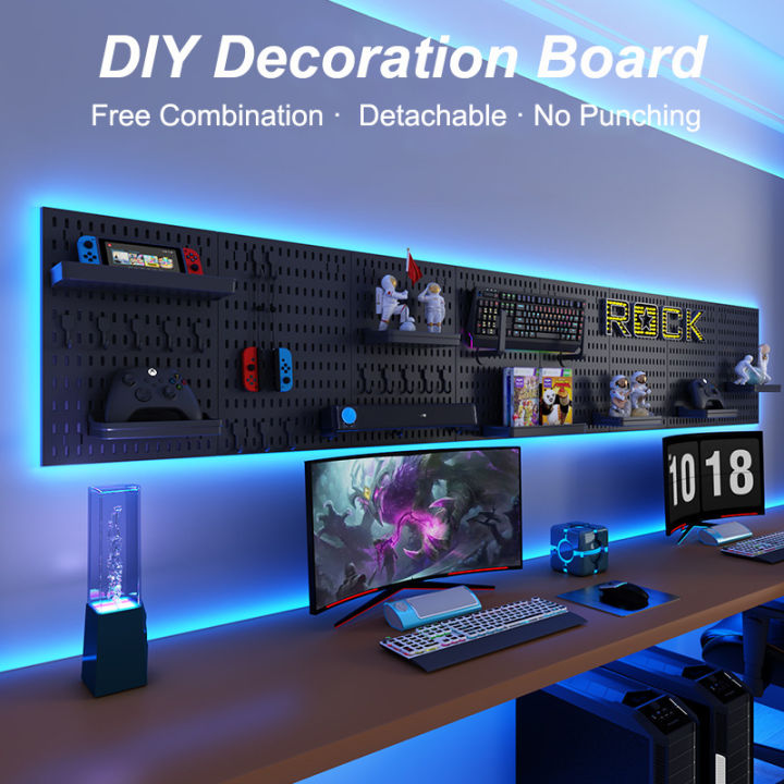 TINLOK Smart RGB Light Pegboard Organizer,Pegboard Wall For Gaming Setup Decor Black 2 Pcs 22 X 14 8 Inches Ideal Peg Board For Gaming Room Office Wall