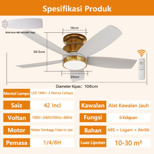 42 Inch White Gold Ceiling Fan 5 ABS Blades DC Motor 28W 18W 3 Color LED 6 Speed Timer 1 4 8 H
